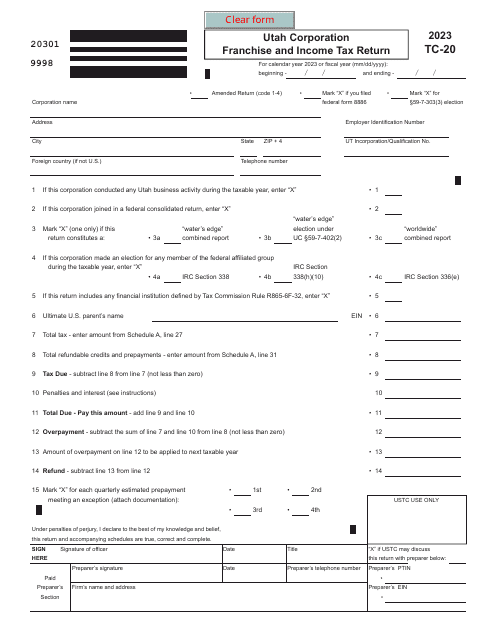Form TC-20 Utah Corporation Franchise and Income Tax Return - Utah, 2023