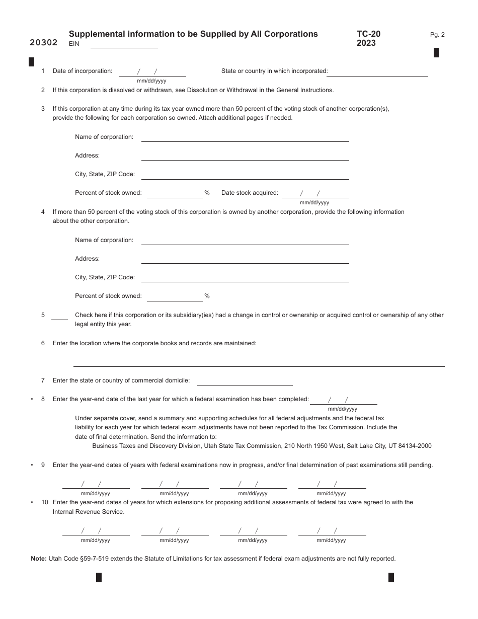 Form TC-20 Utah Corporation Franchise and Income Tax Return - Utah, Page 2