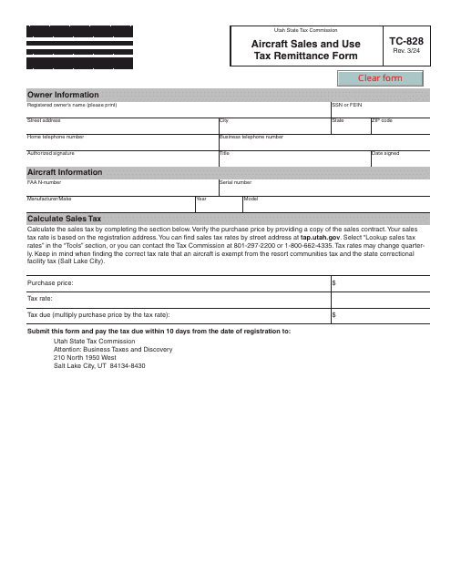 Form TC-828 Aircraft Sales and Use Tax Remittance Form - Utah