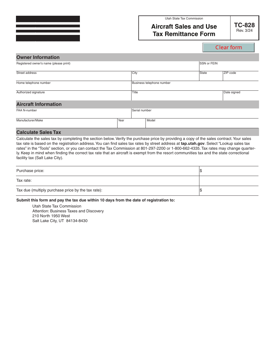 Form TC-828 Aircraft Sales and Use Tax Remittance Form - Utah, Page 1