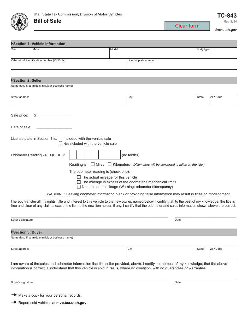 Form TC-843 Bill of Sale - Utah, Page 1