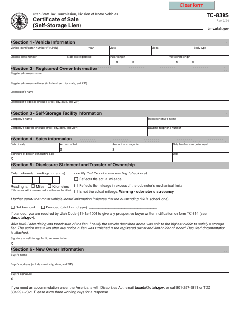 Form TC-893S Certificate of Sale (Self-storage Lien) - Utah