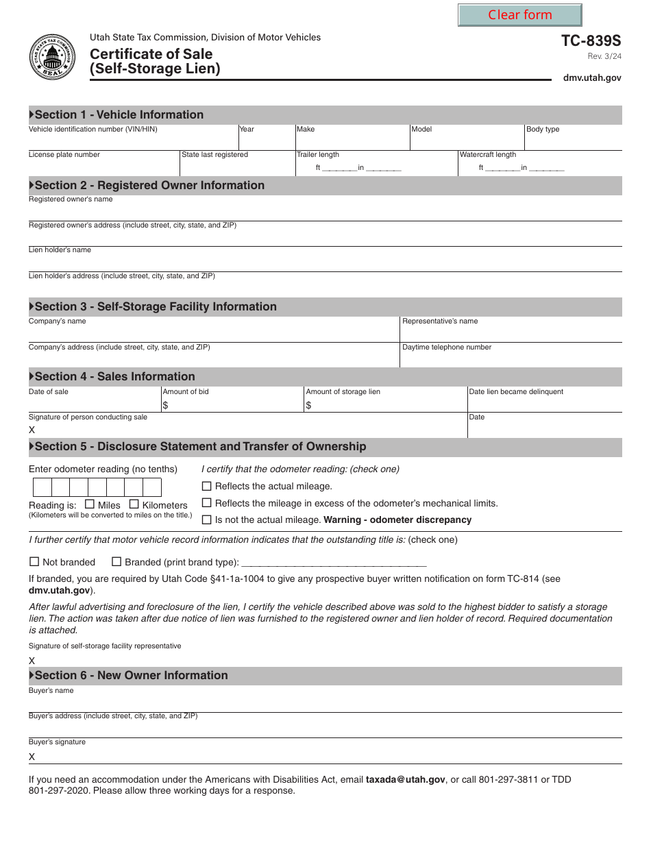 Form TC-893S Certificate of Sale (Self-storage Lien) - Utah, Page 1