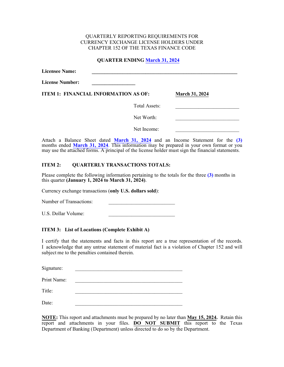Quarterly Reporting Requirements for Currency Exchange License Holders Under Chapter 152 of the Texas Finance Code - 1st Quarter - Texas, Page 1