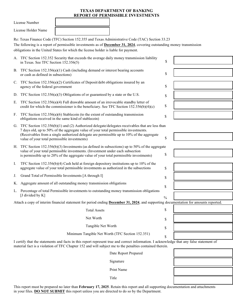 Chapter 152 Report of Permissible Investments - 4th Quarter - Texas, Page 1