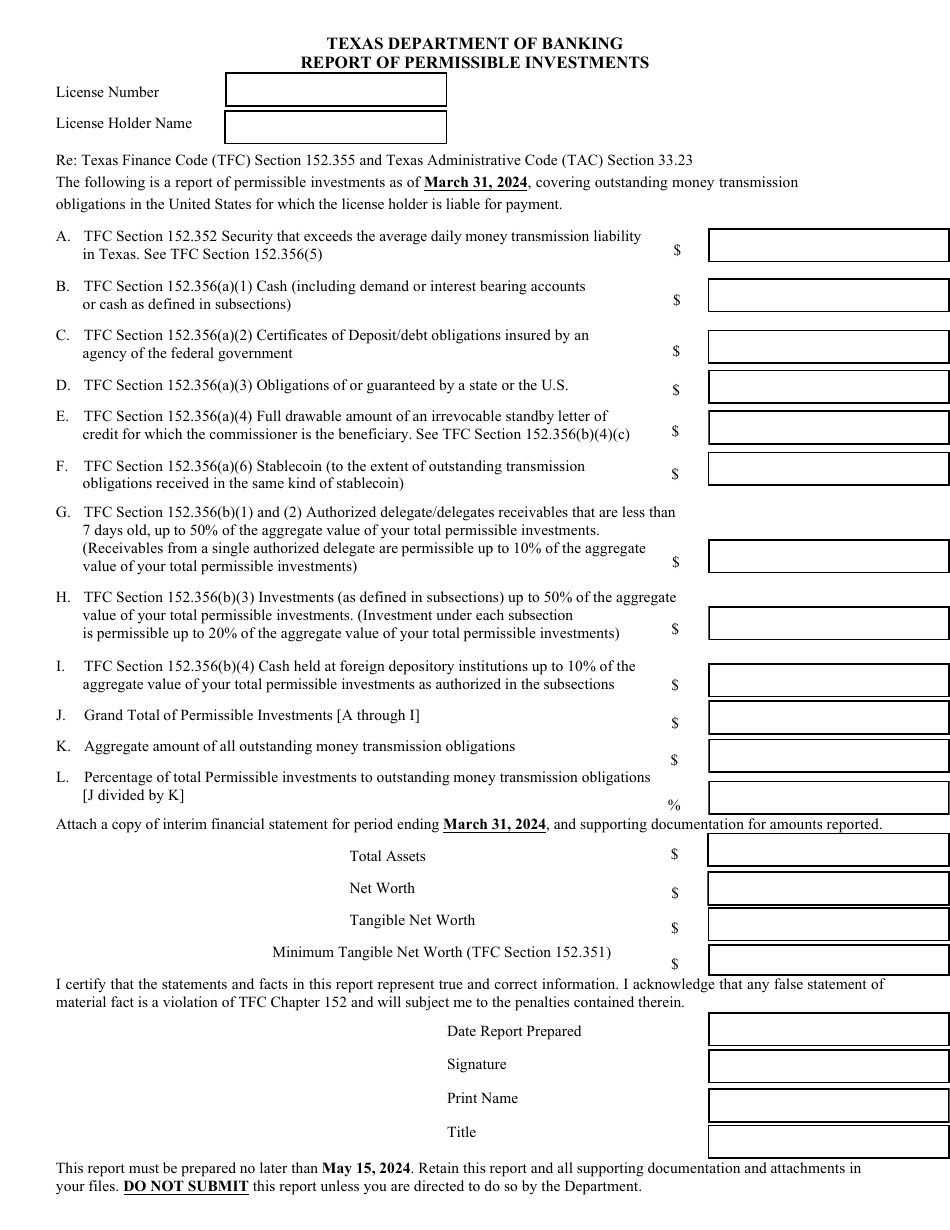 Chapter 152 Report of Permissible Investments - 1st Quarter - Texas, Page 1
