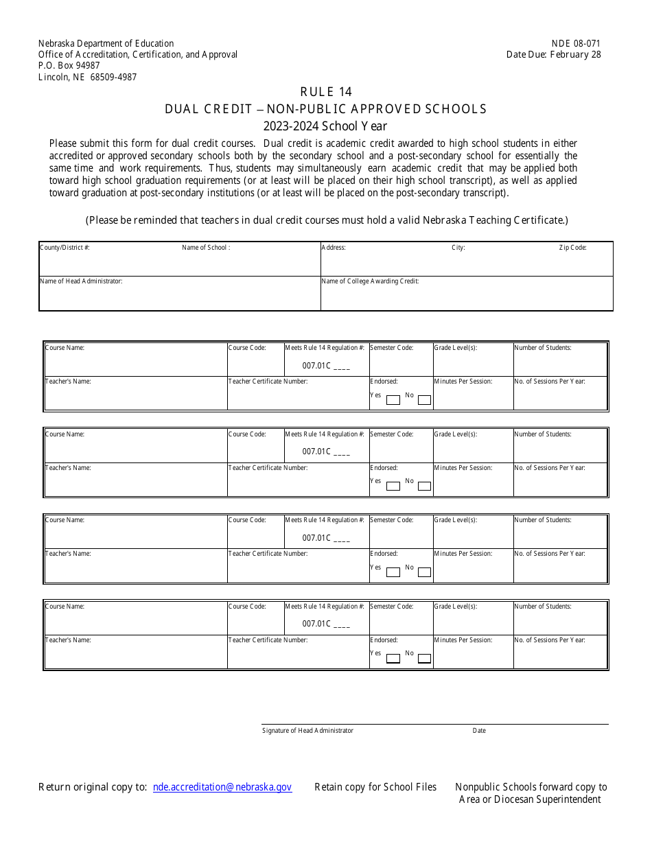 Form NDE08-071 Dual Credit - Non-public Approved Schools - Nebraska, Page 1