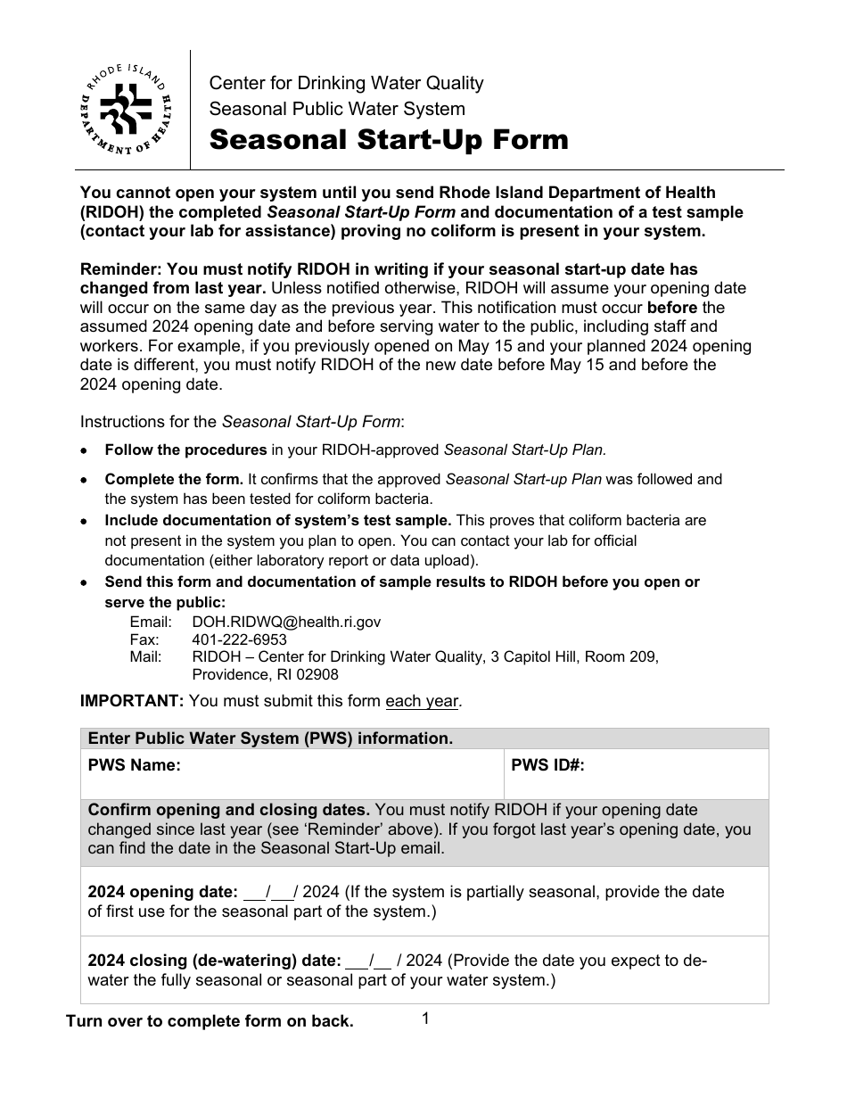 Seasonal Start-Up Form - Rhode Island, Page 1