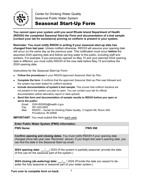 Seasonal Start-Up Form - Rhode Island Download Pdf