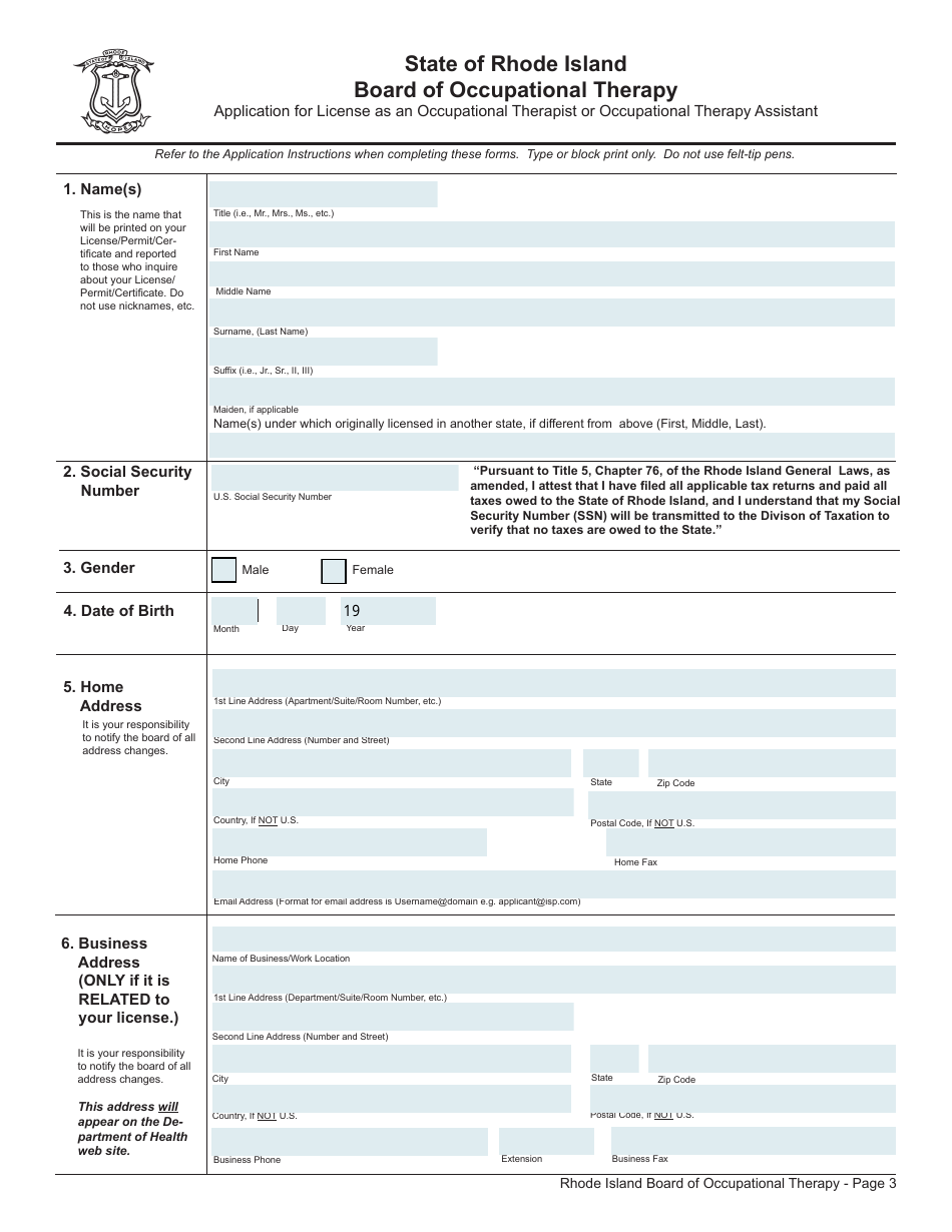 Application for License as an Occupational Therapist / Occupational Therapy Assistant - Rhode Island, Page 3