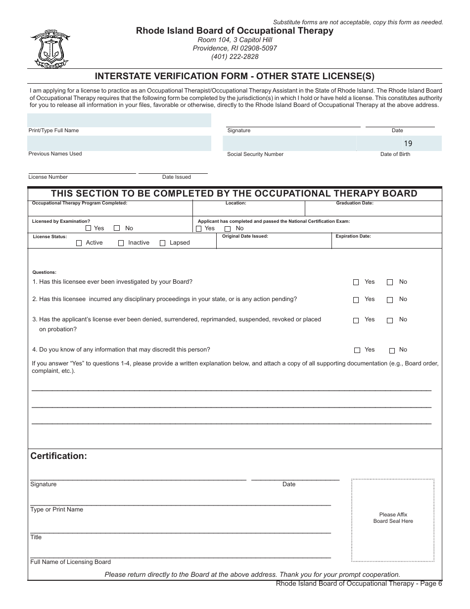Application for License as an Occupational Therapist / Occupational Therapy Assistant - Rhode Island, Page 6