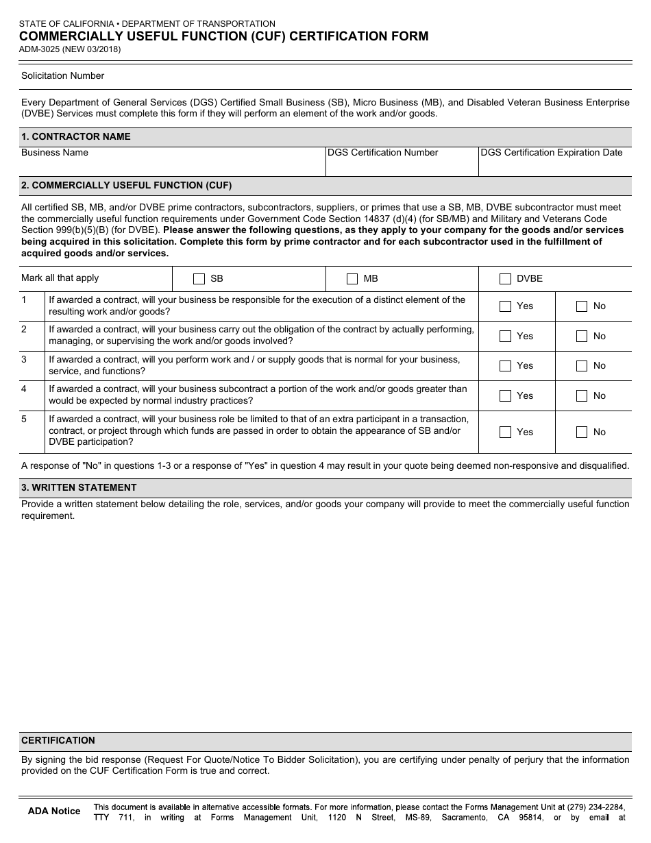 Form ADM-3025 Commercially Useful Function (Cuf) Certification Form - California, Page 1