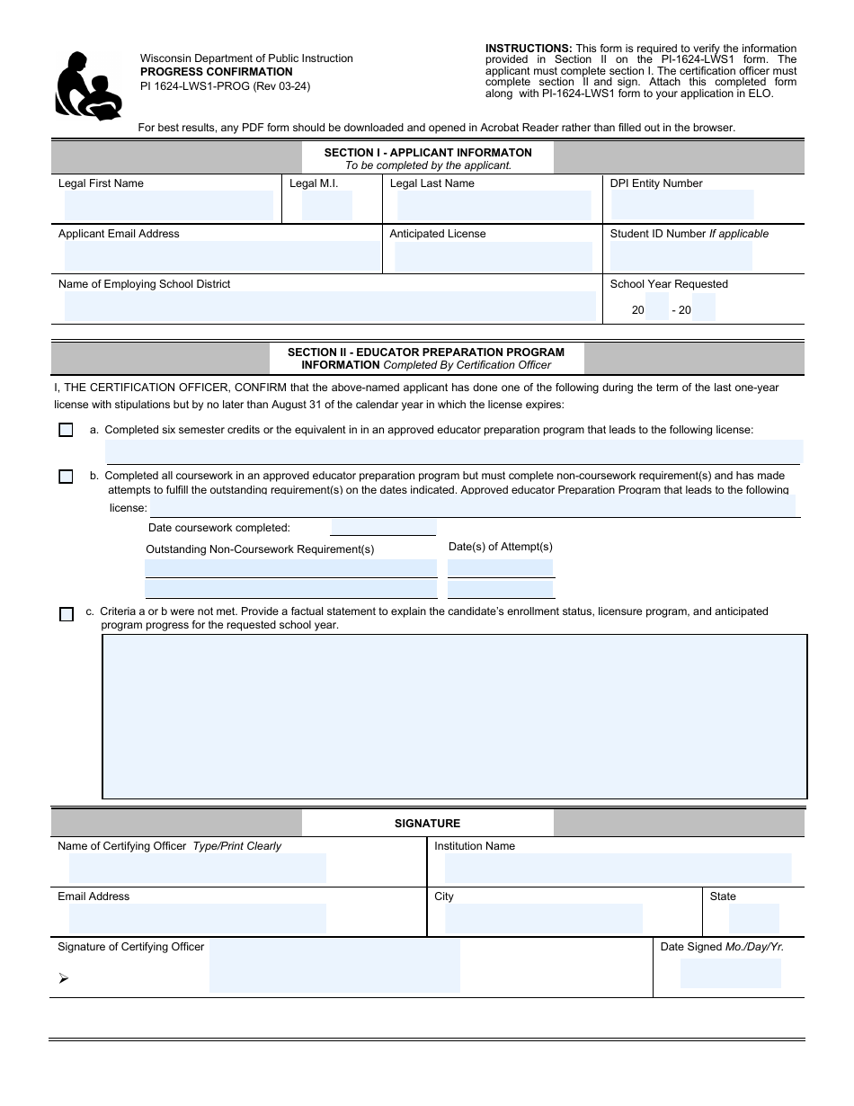 Form PI1624-LWS1-PROG Progress Confirmation - Wisconsin, Page 1