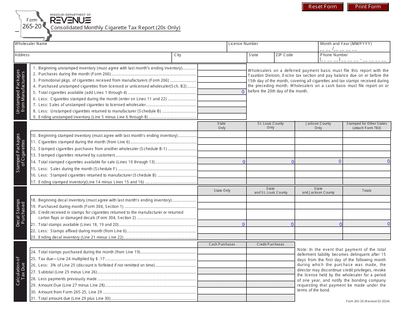 Form 265-20 Consolidated Monthly Cigarette Tax Report (20s Only) - Missouri