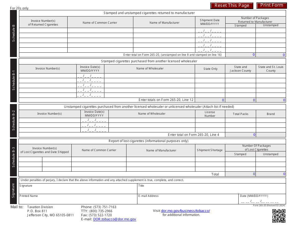 Form 265-20 Consolidated Monthly Cigarette Tax Report (20s Only) - Missouri, Page 2