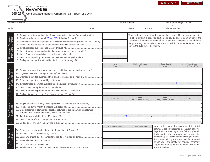 Form 265-25 Consolidated Monthly Cigarette Tax Report (25s Only) - Missouri