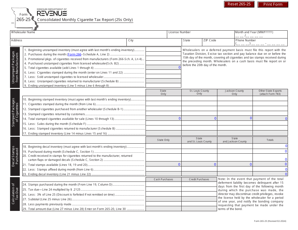 Form 265-25 Consolidated Monthly Cigarette Tax Report (25s Only) - Missouri, Page 1