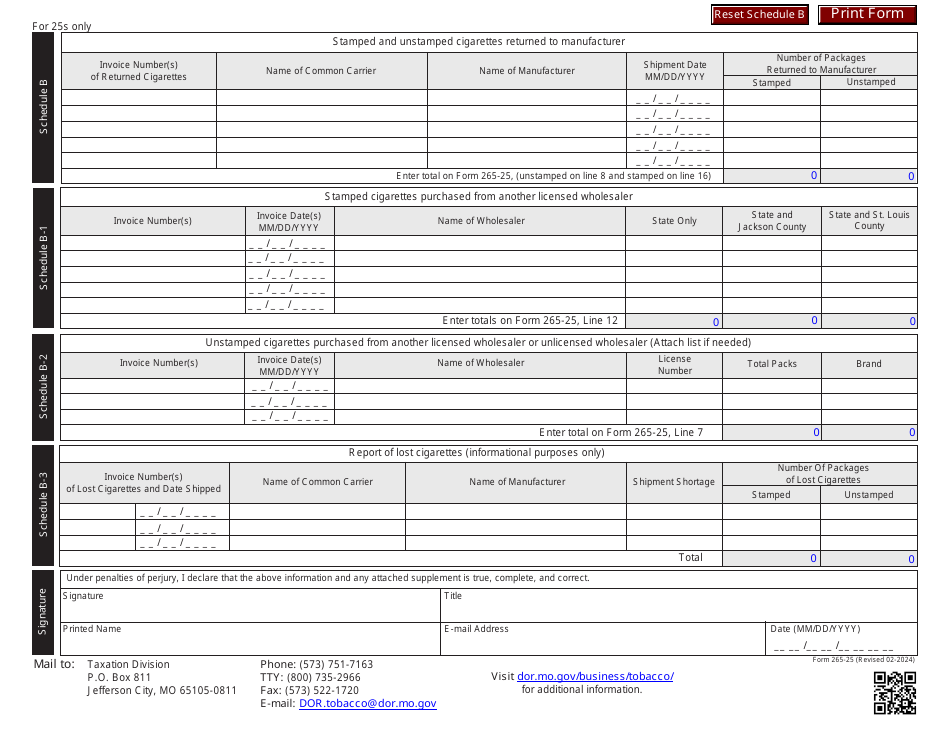 Form 265-25 Consolidated Monthly Cigarette Tax Report (25s Only) - Missouri, Page 2