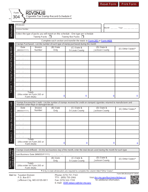 Form 304 Schedule C Cigarette Tax Stamp Record - Missouri