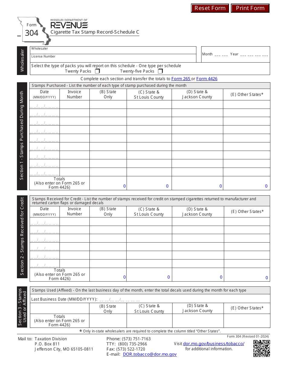 Form 304 Schedule C Cigarette Tax Stamp Record - Missouri, Page 1