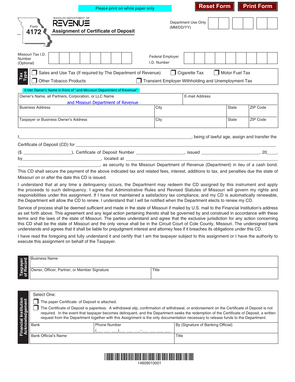 Form 4172 Assignment of Certificate of Deposit - Missouri, Page 1