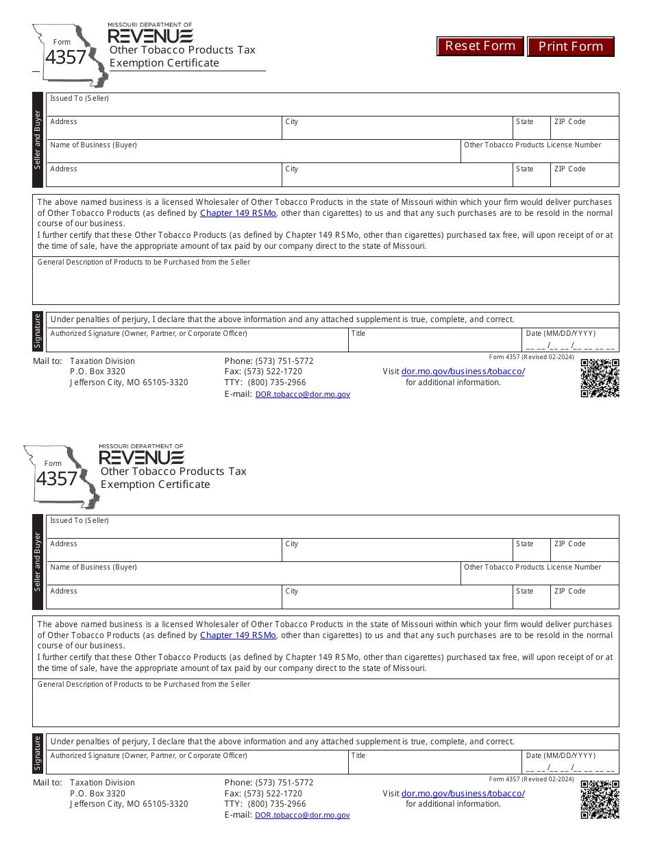Form 4357 Other Tobacco Products Tax Exemption Certificate - Missouri, Page 1