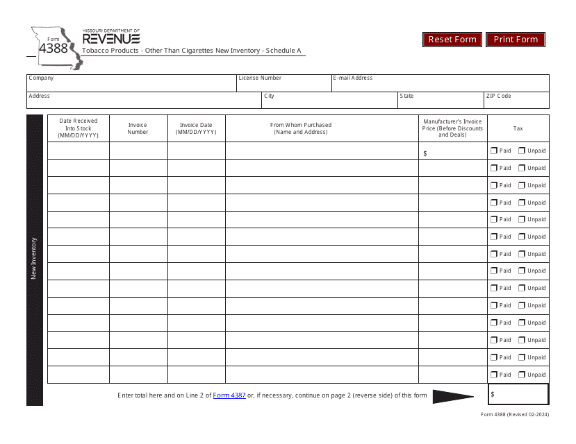 Form 4388 Schedule A Tobacco Products - Other Than Cigarettes New Inventory - Missouri