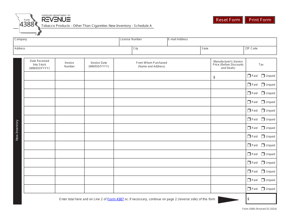 Form 4388 Schedule A Tobacco Products - Other Than Cigarettes New Inventory - Missouri, Page 1