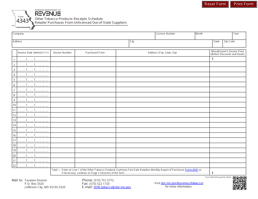 Form 4343 Other Tobacco Products Receipts Schedule - Retailer Purchases From Unlicensed Out-of-State Suppliers - Missouri