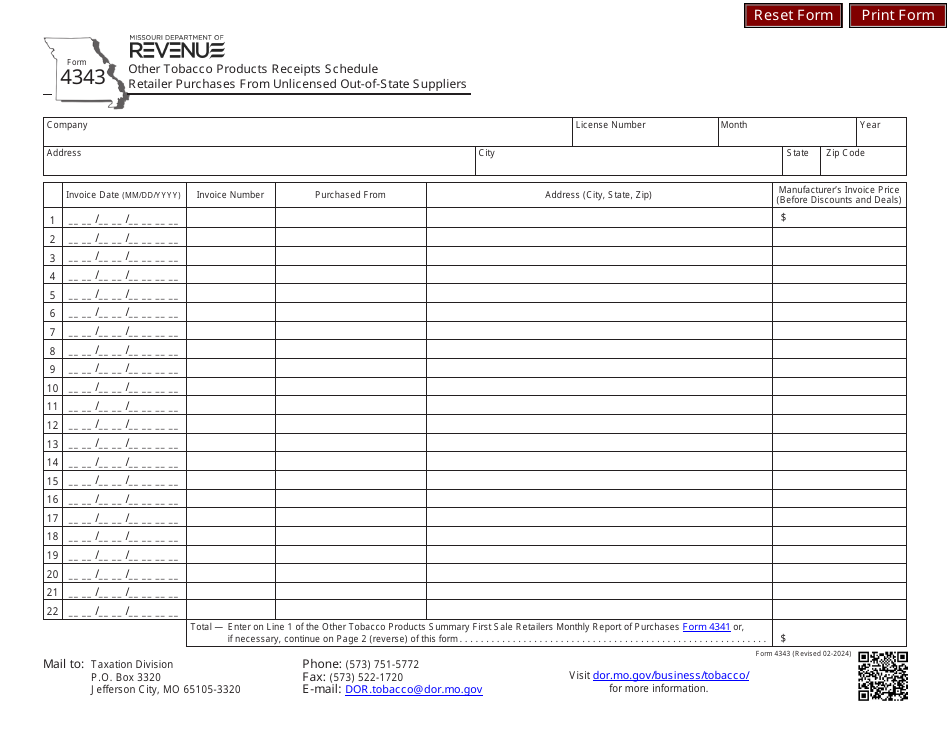 Form 4343 Other Tobacco Products Receipts Schedule - Retailer Purchases From Unlicensed Out-of-State Suppliers - Missouri, Page 1