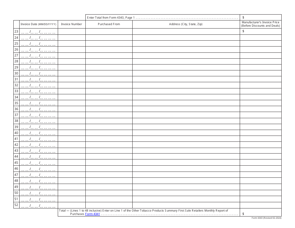 Form 4343 Other Tobacco Products Receipts Schedule - Retailer Purchases From Unlicensed Out-of-State Suppliers - Missouri, Page 2