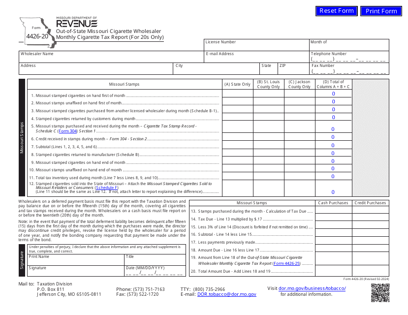 Form 4426-20 Out-of-State Missouri Cigarette Wholesaler Monthly Cigarette Tax Report (For 20s Only) - Missouri