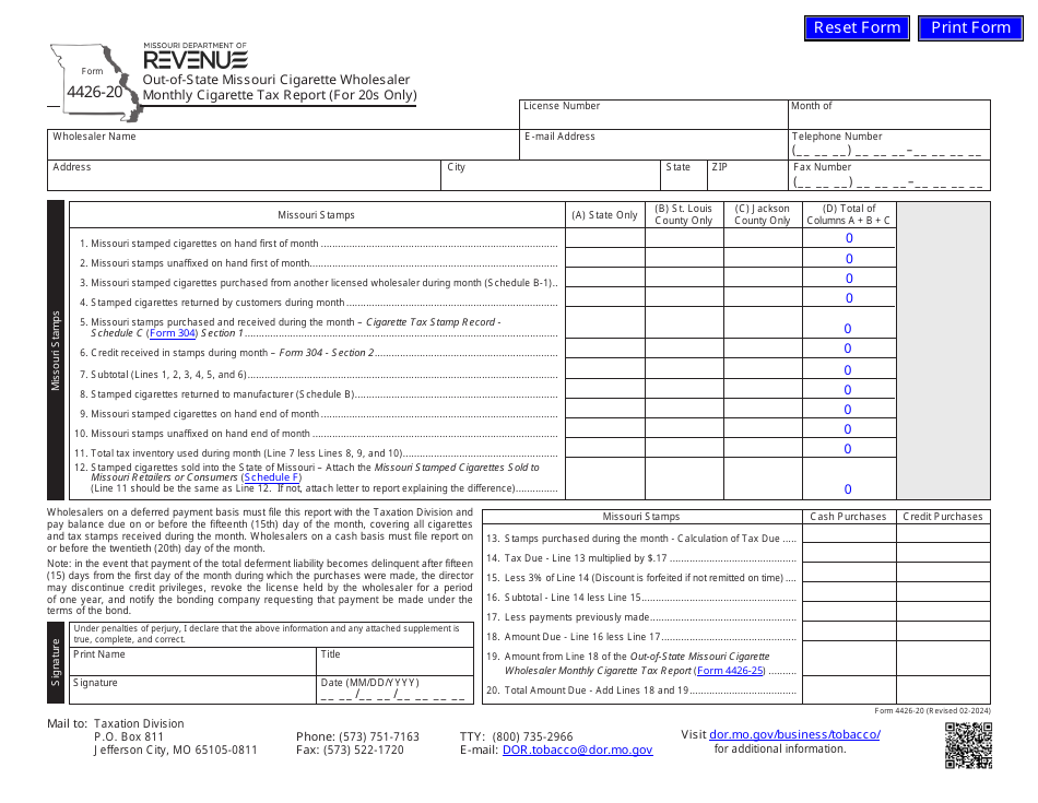 Form 4426-20 Out-of-State Missouri Cigarette Wholesaler Monthly Cigarette Tax Report (For 20s Only) - Missouri, Page 1