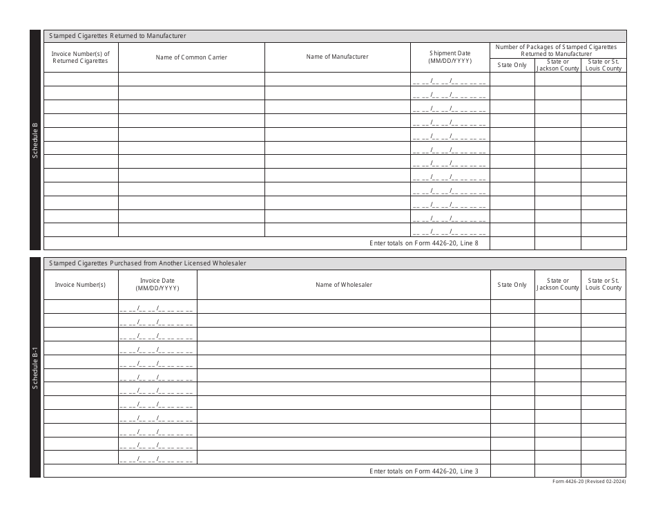 Form 4426-20 Out-of-State Missouri Cigarette Wholesaler Monthly Cigarette Tax Report (For 20s Only) - Missouri, Page 2