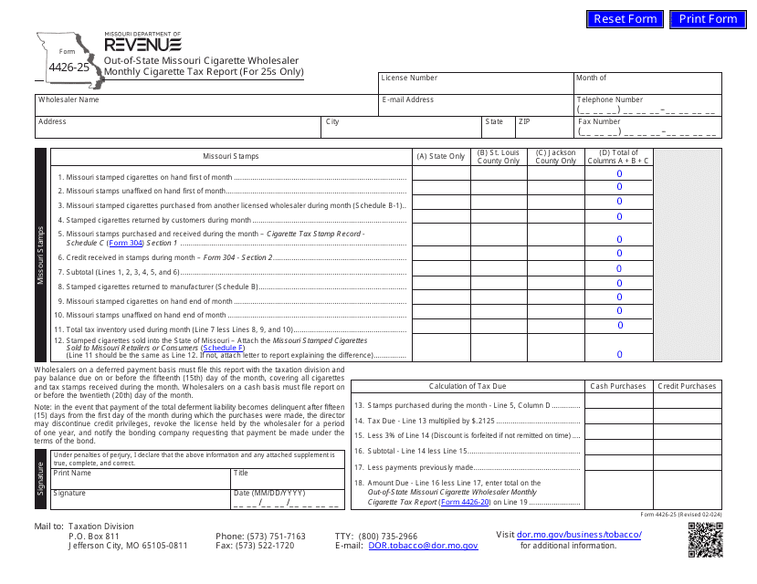 Form 4426-25 Out-of-State Missouri Cigarette Wholesaler Monthly Cigarette Tax Report (For 25s Only) - Missouri