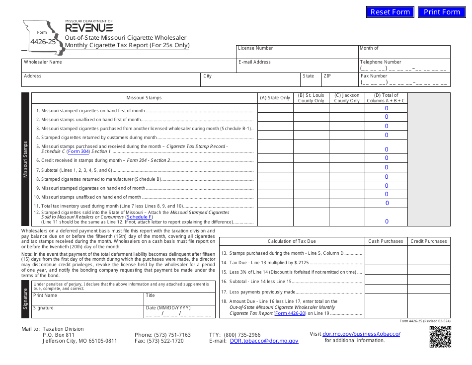 Form 4426-25 Out-of-State Missouri Cigarette Wholesaler Monthly Cigarette Tax Report (For 25s Only) - Missouri, Page 1