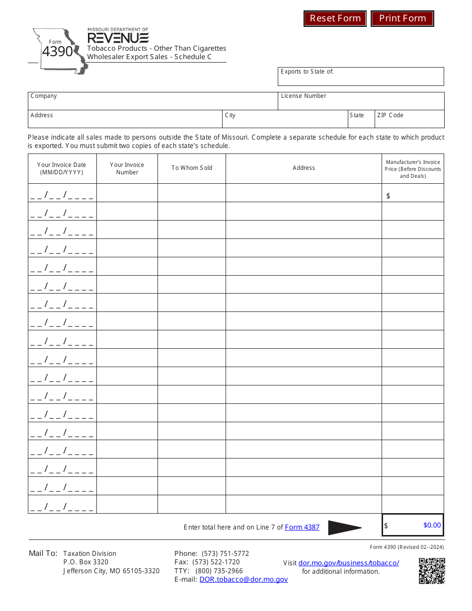 Form 4390 Tobacco Products - Other Than Cigarettes Export Sales - Missouri, Page 1