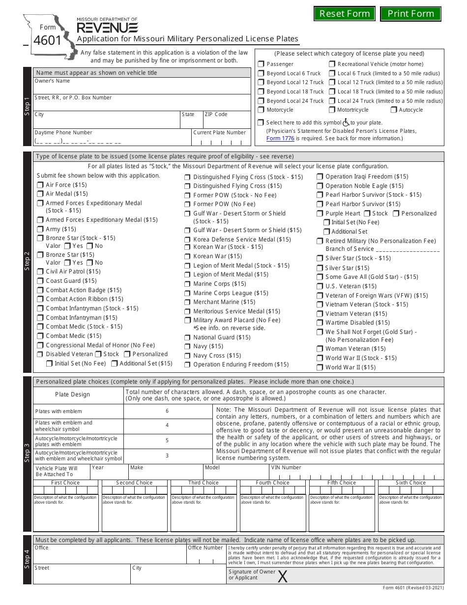 Form 4601 Download Fillable Pdf Or Fill Online Application For Missouri Military Personalized 4735