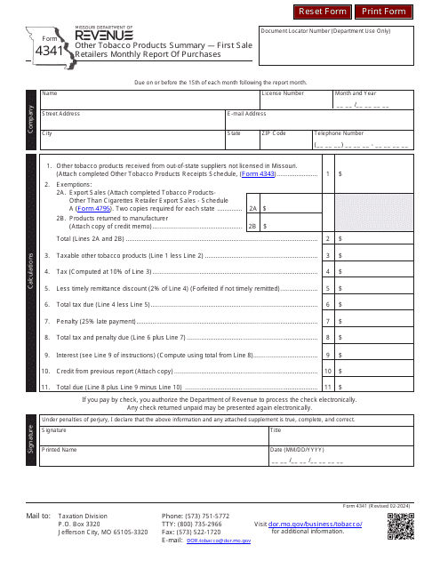 Form 4341 Other Tobacco Products Summary - First Sale Retailers Monthly Report of Purchases - Missouri