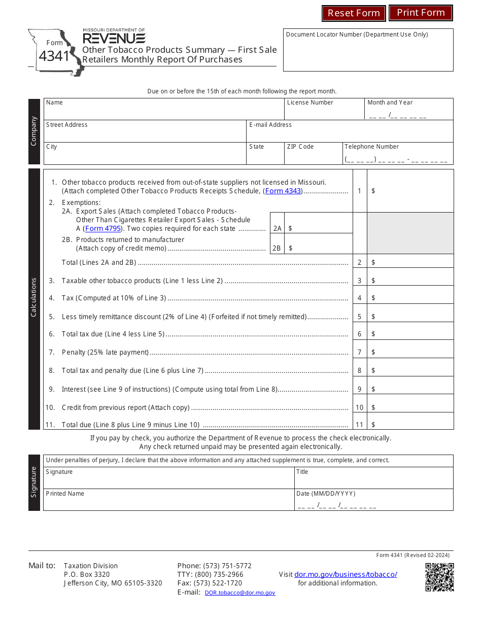Form 4341 Other Tobacco Products Summary - First Sale Retailers Monthly Report of Purchases - Missouri, Page 1