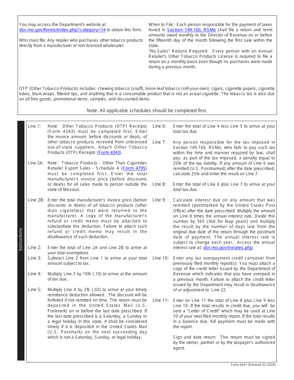 Form 4341 Other Tobacco Products Summary - First Sale Retailers Monthly Report of Purchases - Missouri, Page 2