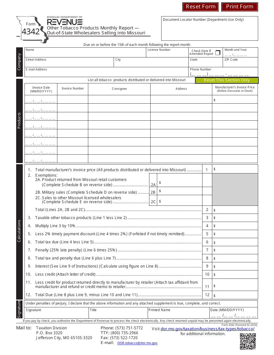 Form 4342 Other Tobacco Products Monthly Report - Out-of-State Wholesalers Selling Into Missouri - Missouri, Page 1
