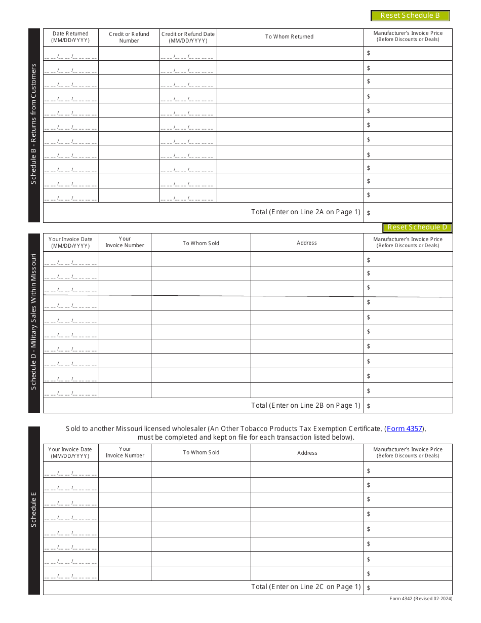 Form 4342 Other Tobacco Products Monthly Report - Out-of-State Wholesalers Selling Into Missouri - Missouri, Page 2