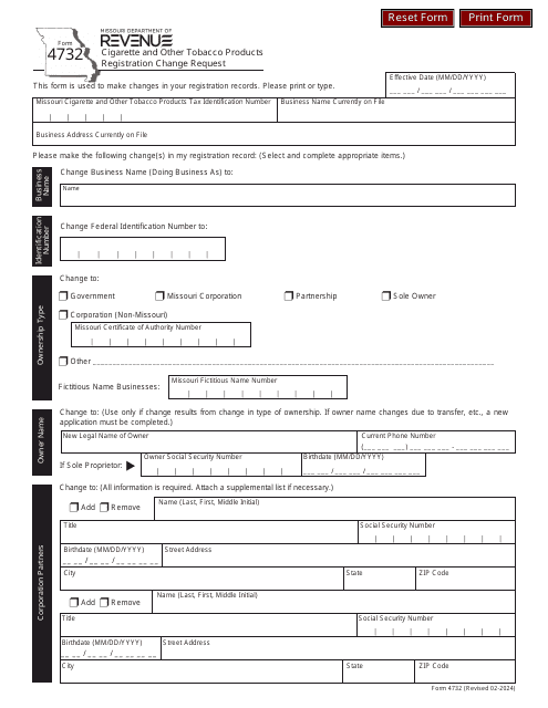 Form 4732 Cigarette and Other Tobacco Products Registration Change Request - Missouri