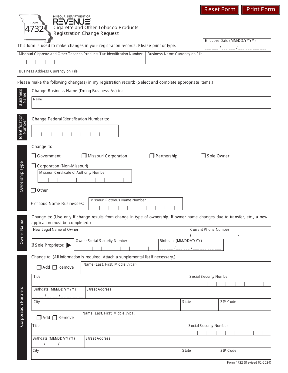 Form 4732 Cigarette and Other Tobacco Products Registration Change Request - Missouri, Page 1