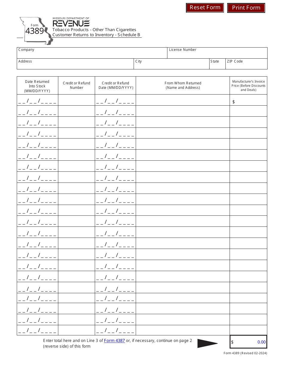 Form 4389 Schedule B Tobacco Products - Other Than Cigarettes Customer Returns to Inventory - Missouri, Page 1