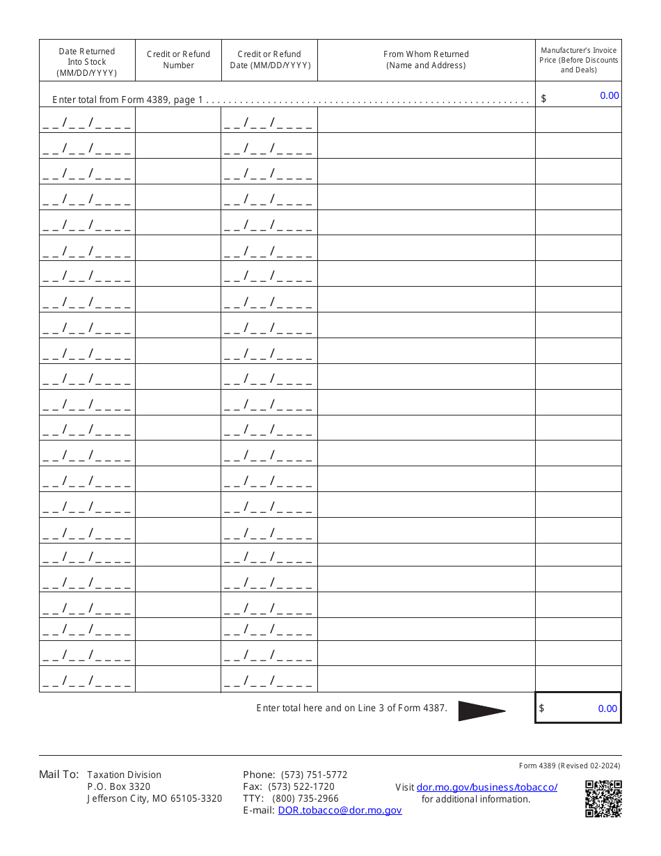Form 4389 Schedule B Tobacco Products - Other Than Cigarettes Customer Returns to Inventory - Missouri, Page 2