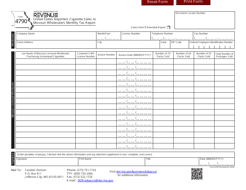 Form 4790 United States Importers Cigarette Sales to Missouri Wholesalers Monthly Tax Report - Missouri