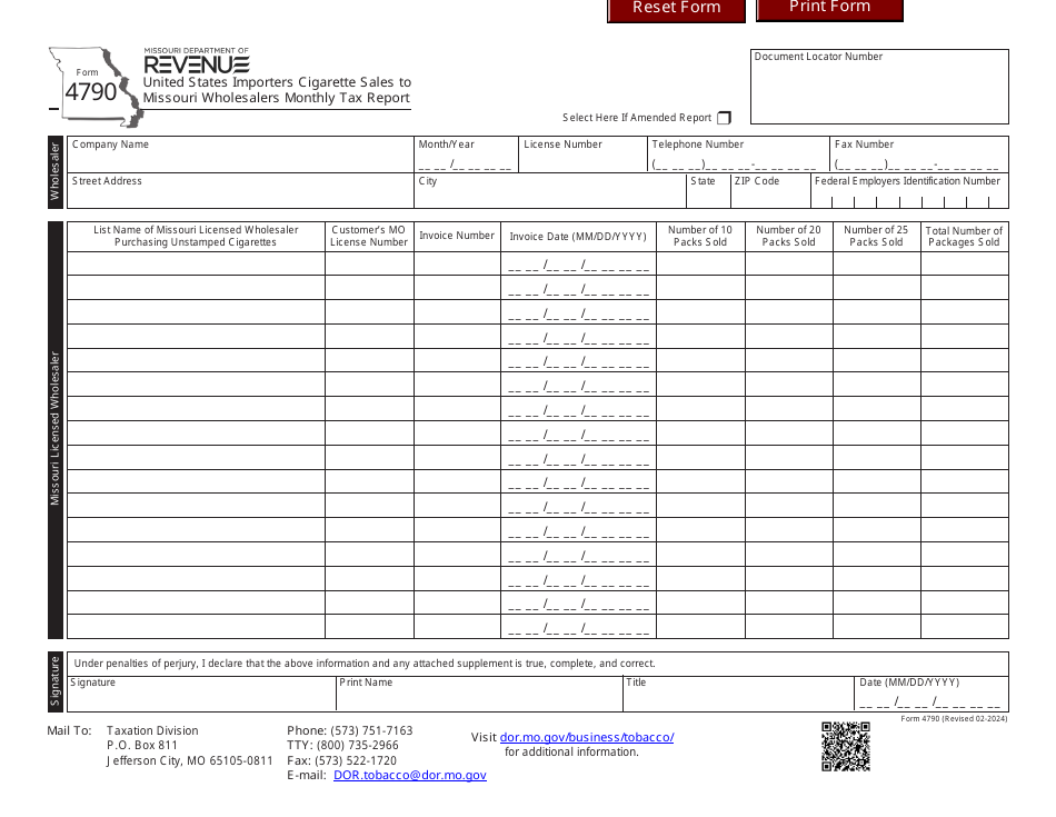 Form 4790 United States Importers Cigarette Sales to Missouri Wholesalers Monthly Tax Report - Missouri, Page 1