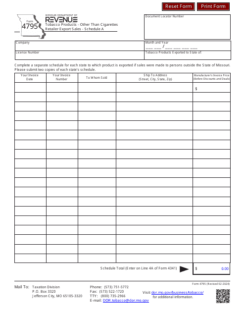 Form 4795 Schedule A Tobacco Products - Other Than Cigarettes Retailer Export Sales - Missouri